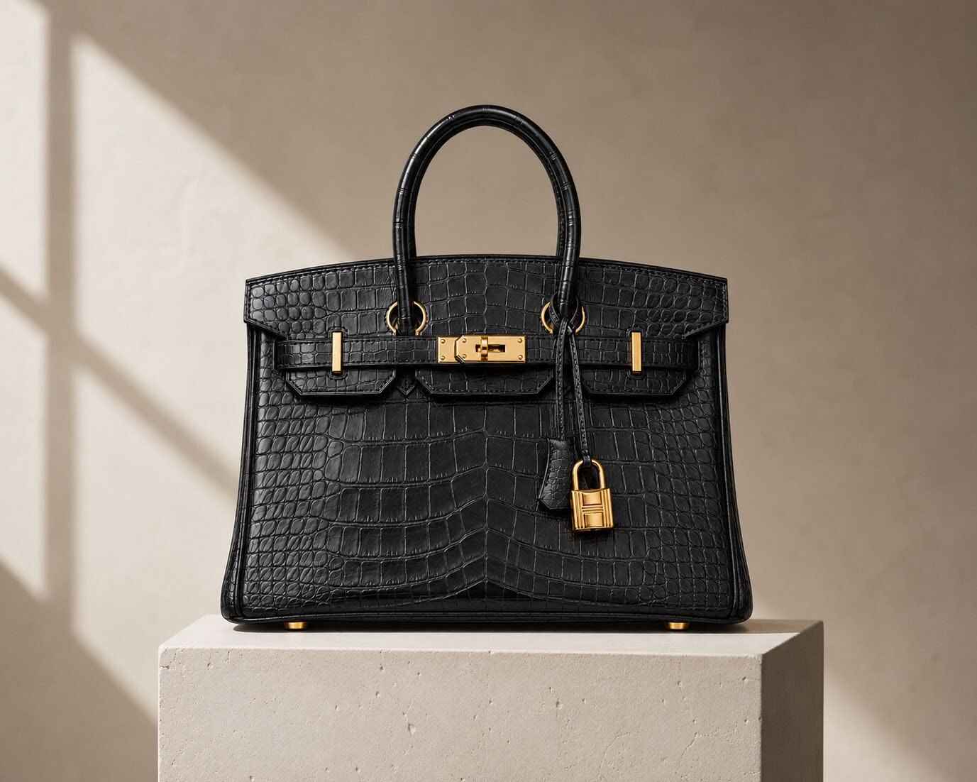 Handbag styled still on a stone plinth