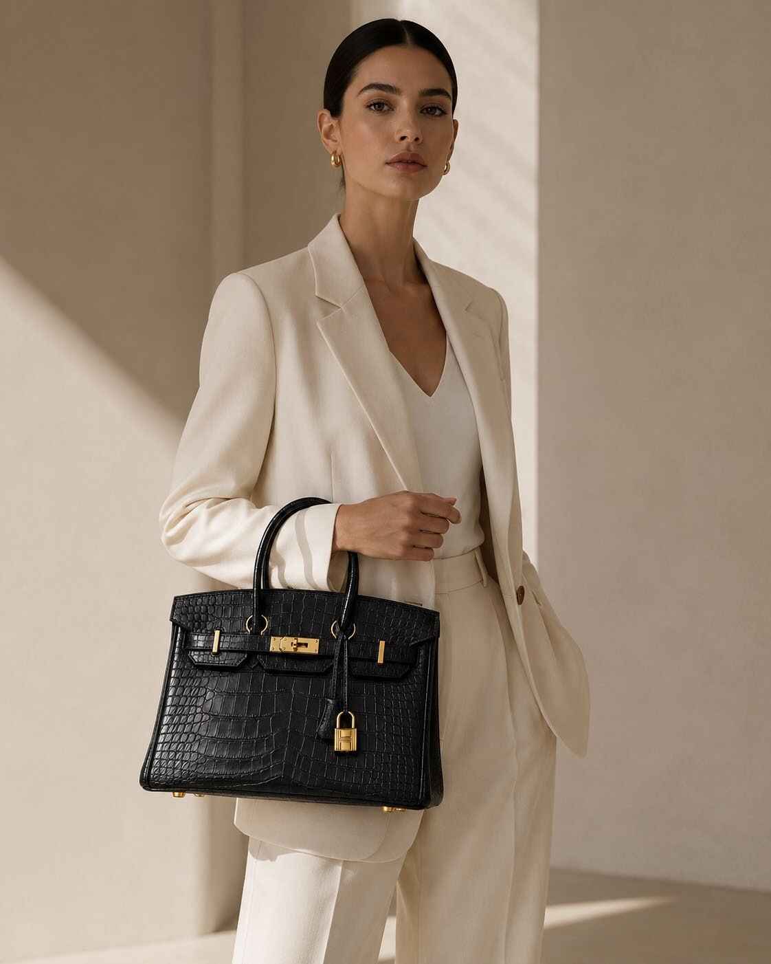 Handbag worn by a model in studio