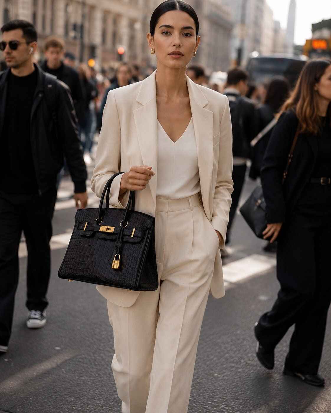 Model carrying the handbag on a city street