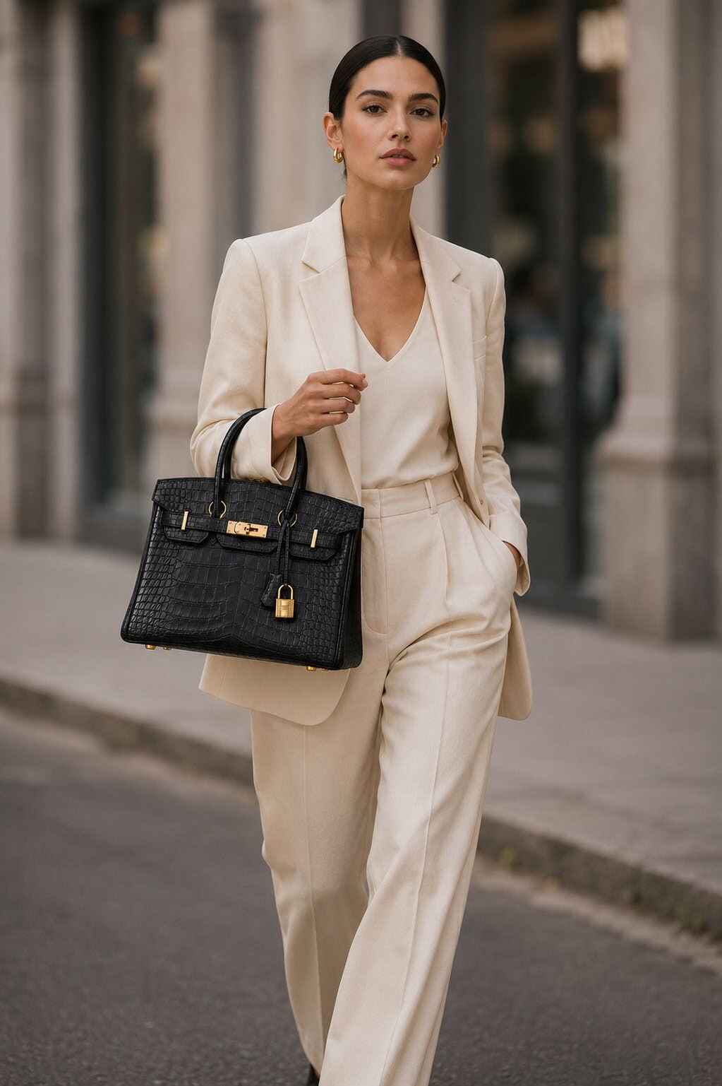 Handbag carried by a model on a city street