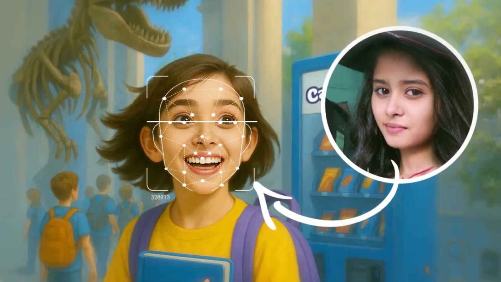 AI face mapping: a child's uploaded selfie cast as the illustrated hero of a Candyman storybook