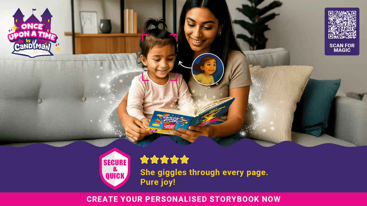 A parent and child reading their personalised Candyman storybook together