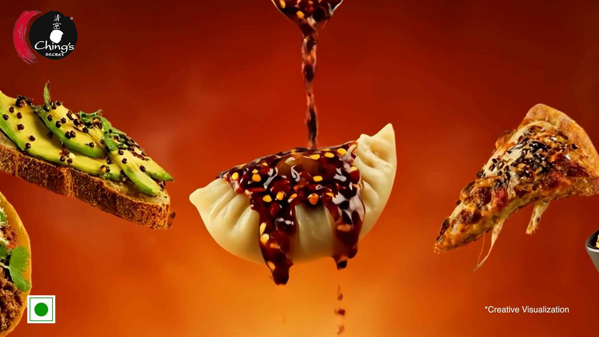 Ching's Chilli Oil key art: the hero pour across floating dishes